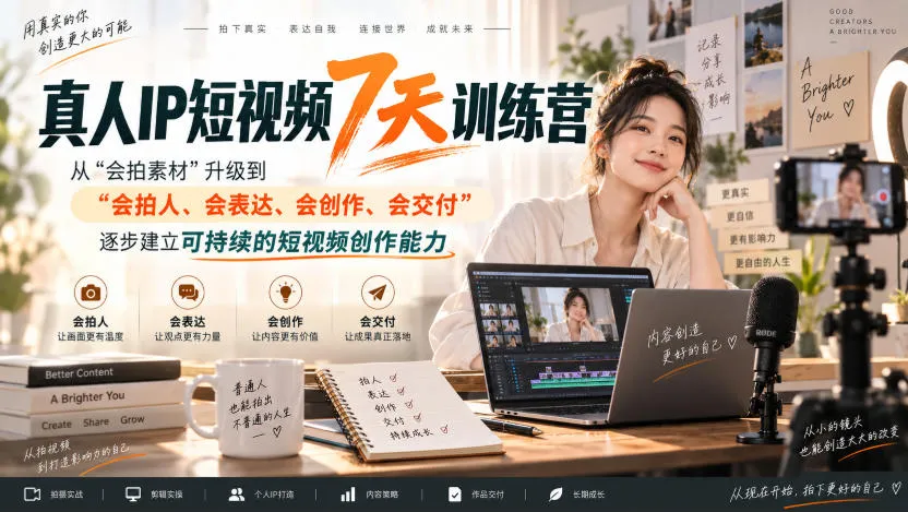 真人IP短视频7天训练营，从“会拍素材”升级到“会拍人、会表达、会创作、会交付”，逐步建立可持续的短视频创作能力-梦帆创业网
