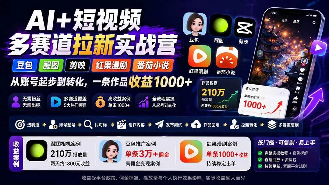 （20142期）AI+短视频多赛道拉新实战营：豆包+醒图+剪映+红果漫剧+番茄小说，从账号起步到转化，一条作品收益1000+-梦帆创业网