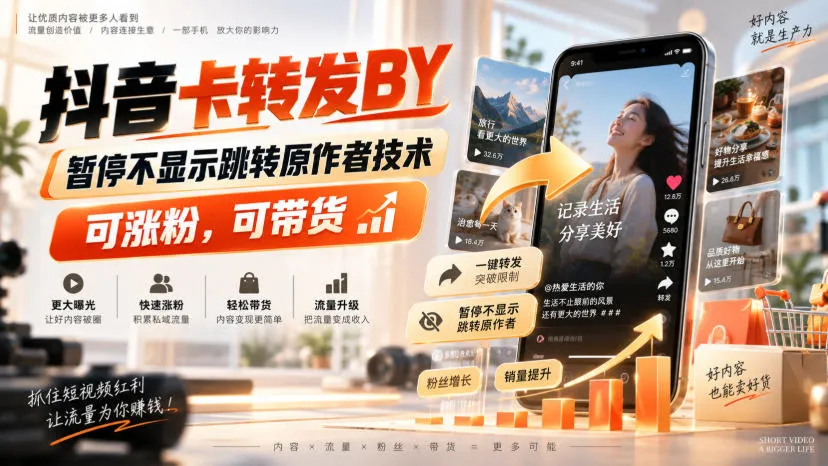 抖音卡转发搬运，暂停不显示跳转原作者技术，可涨粉，可带货-梦帆创业网