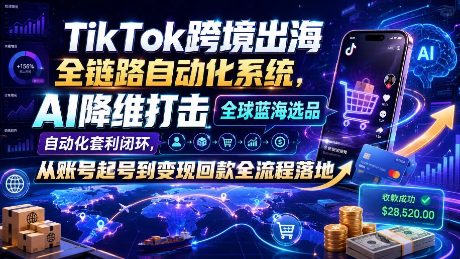 TikTok跨境出海全链路自动化系统，AI降维打击全球蓝海选品自动化套利闭环，从账号起号到变现回款全流程落地（2026年7月）-梦帆创业网