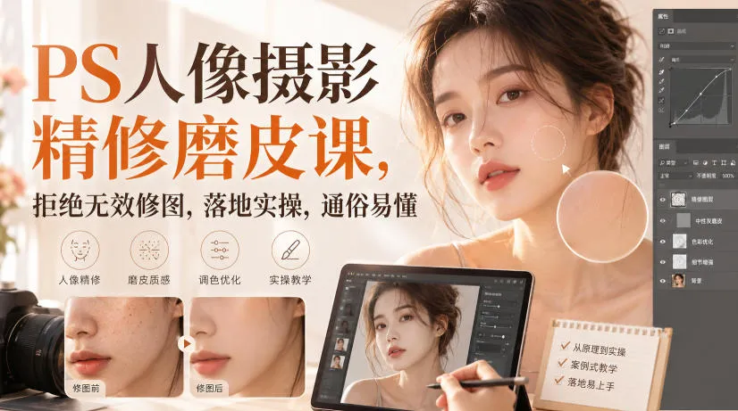 PS人像摄影精修磨皮课，拒绝无效修图，落地实操，通俗易懂-梦帆创业网