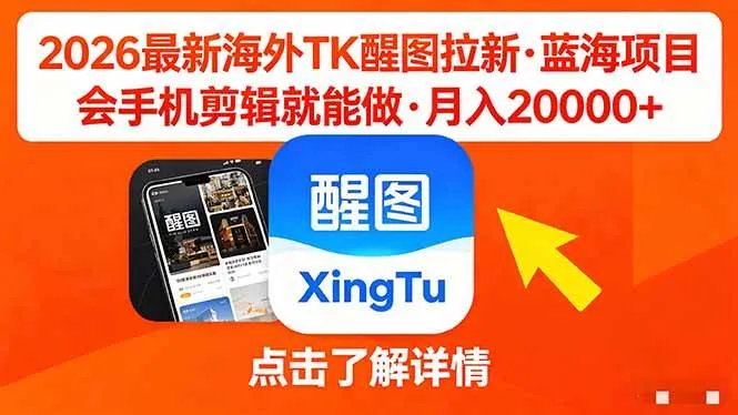 （18112期）26年最新海外Tk醒图拉新，蓝海项目，会手机剪辑就可以做，月入20000＋-梦帆创业网