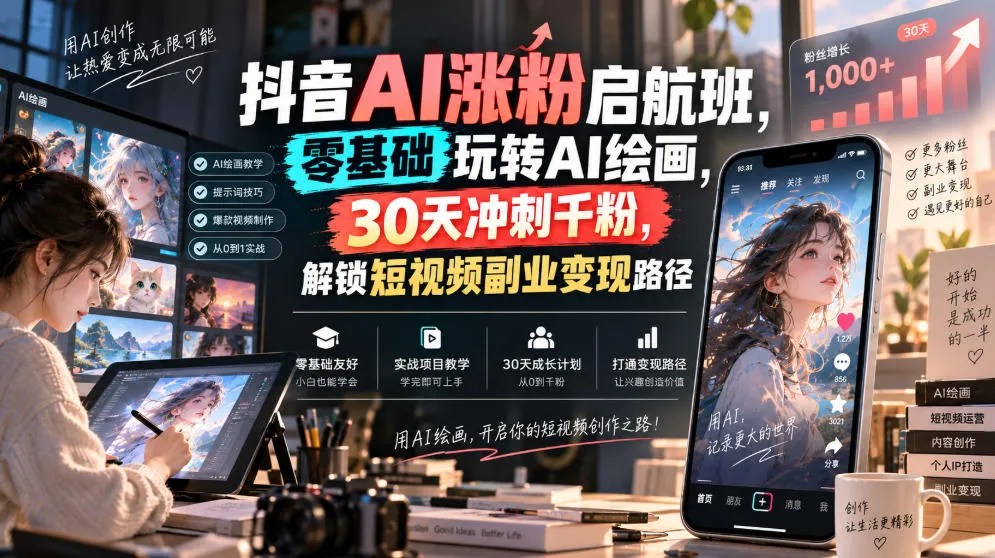 抖音AI涨粉启航班，零基础玩转AI绘画，30天冲刺千粉，解锁短视频副业变现路径-梦帆创业网