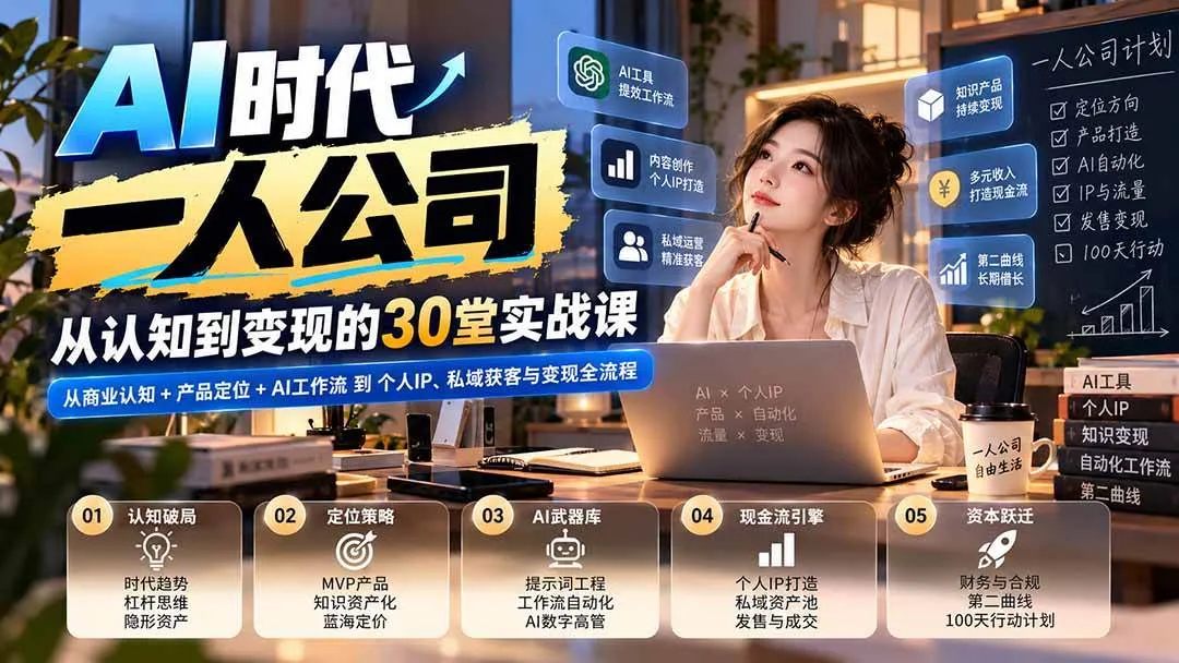 (20847期)【无水印】AI时代一人公司30堂实战课:从商业认知+产品定位+AI工作流到个人IP、私域获客与变现全流程 (20847期)【无水印】AI时代一人公司30堂实战课:从商业认知+产品定位+AI工作流到个人IP、私域获客与变现全流程
