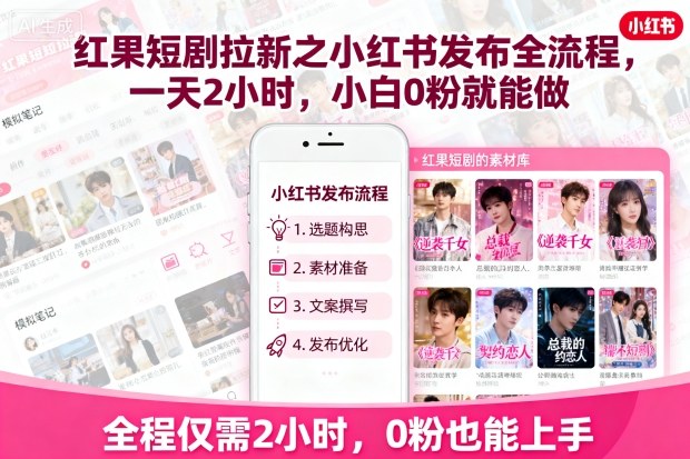红果短剧拉新之小红书发布全流程，一天2小时，小白0粉就能做-梦帆创业网