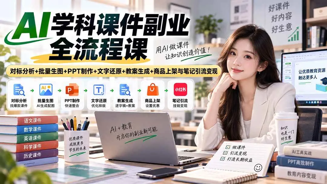 （20469期）AI学科课件副业全流程课｜对标分析+批量生图+PPT制作+文字还原+教案生成+商品上架与笔记引流变现