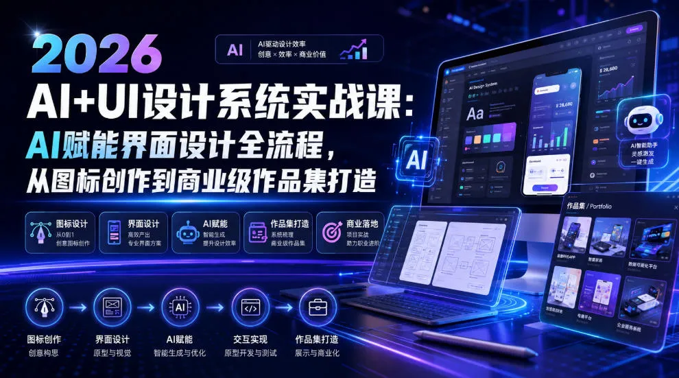 2026 AI+UI设计系统实战课：AI赋能界面设计全流程，从图标创作到商业级作品集打造-梦帆创业网
