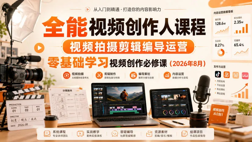 全能视频创作人课程，视频拍摄剪辑编导运营，零基础学习视频创作必修课（2026年8月）-梦帆创业网
