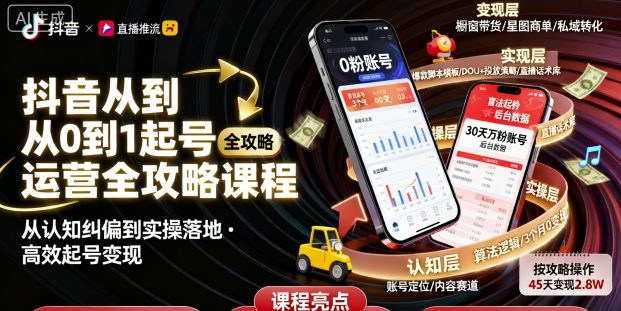 抖音从0到1起号运营全攻略课程，从认知纠偏到实操落地，高效起号变现-梦帆创业网