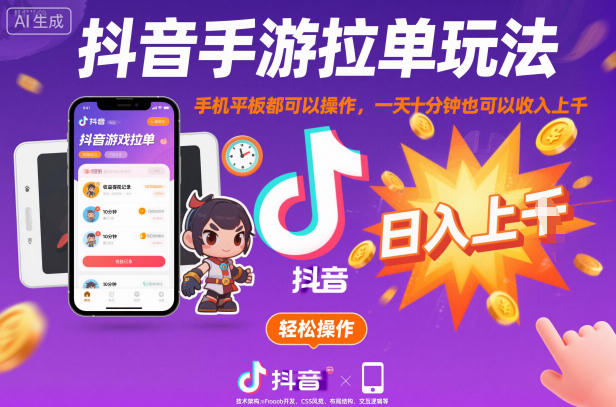 抖音手游拉单玩法，手机平板都可以操作，一天十分钟也可以收入上K【揭秘】-梦帆创业网