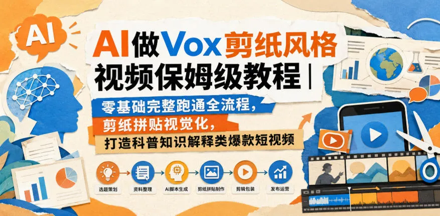 AI做Vox剪纸风格视频保姆级教程｜零基础完整跑通全流程，剪纸拼贴视觉化，打造科普知识解释类爆款短视频-梦帆创业网