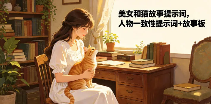 美女和猫故事提示词，人物一致性提示词+故事板-梦帆创业网