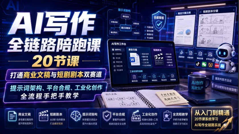 AI写作全链路陪跑课｜20节课打通商业文稿与短剧剧本双赛道，提示词架构、平台合规、工业化创作全流程手把手教学-梦帆创业网