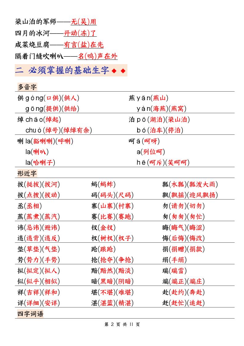 五下语文期中考试复习资料-梦帆创业网