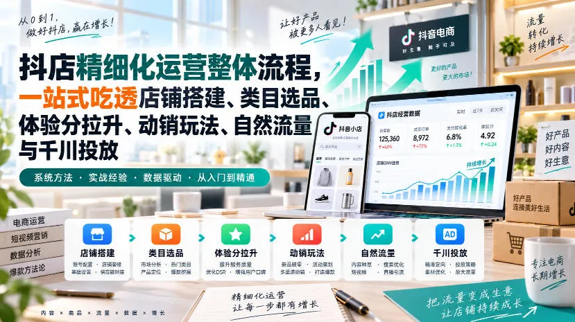 李哥电商-抖店精细化运营整体流程，一站式吃透店铺搭建、类目选品、体验分拉升、动销玩法、自然流量与千川投放-梦帆创业网