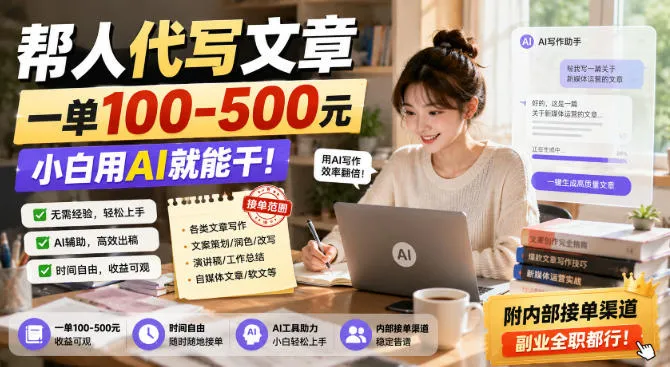 帮人代写文章,一单100-500,小白用AI就能干,附内部接单渠道,副业全职都行【揭秘】 帮人代写文章,一单100-500,小白用AI就能干,附内部接单渠道,副业全职都行【揭秘】