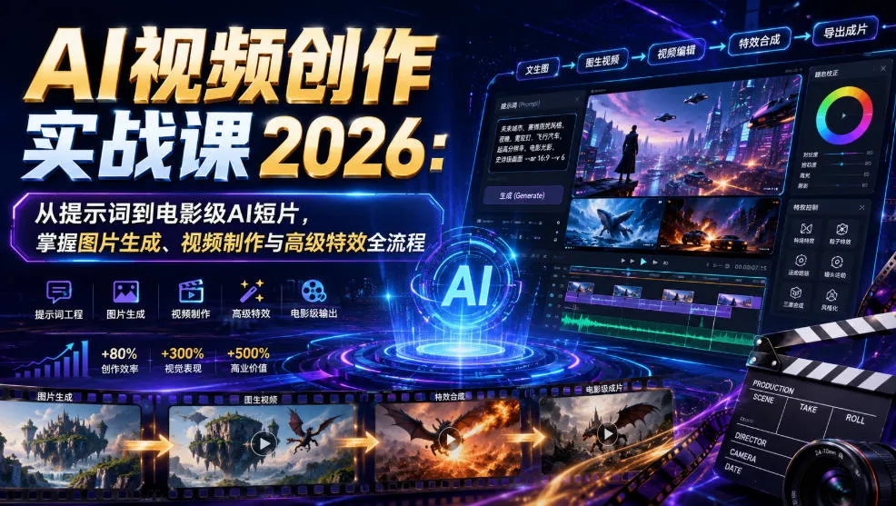 AI视频创作实战课2026：从提示词到电影级AI短片，掌握图片生成、视频制作与高级特效全流程-梦帆创业网