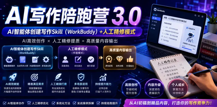 AI写作陪跑营3.0，Ai智能体创建写作skill（workbuddy）+人工手写模式（手搓模式），去除AI痕迹（头条号、公众号、百家号）-梦帆创业网