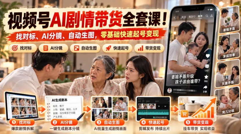 视频号AI剧情带货全套课！找对标、AI分镜、自动生图，零基础快速起号变现-梦帆创业网