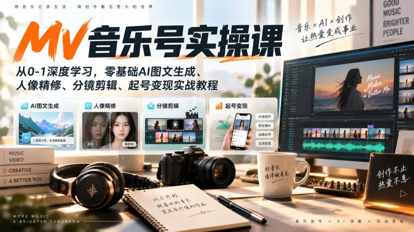 AI MV音乐号实操课，从0-1深度学习，零基础AI图文生成、人像精修、分镜剪辑、起号变现实战教程-梦帆创业网