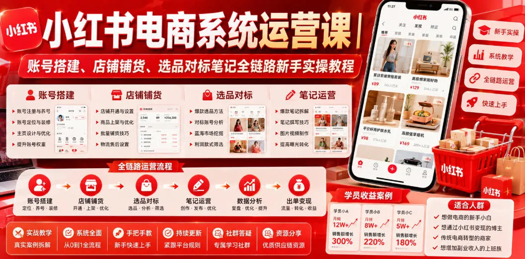 小红书电商系统运营课｜账号搭建、店铺铺货、选品对标笔记全链路新手实操教程-梦帆创业网