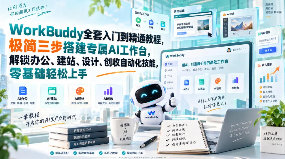 WorkBuddy全套入门到精通教程，极简三步搭建专属AI工作台，解锁办公、建站、设计、创收自动化技能，零基础轻松上手-梦帆创业网