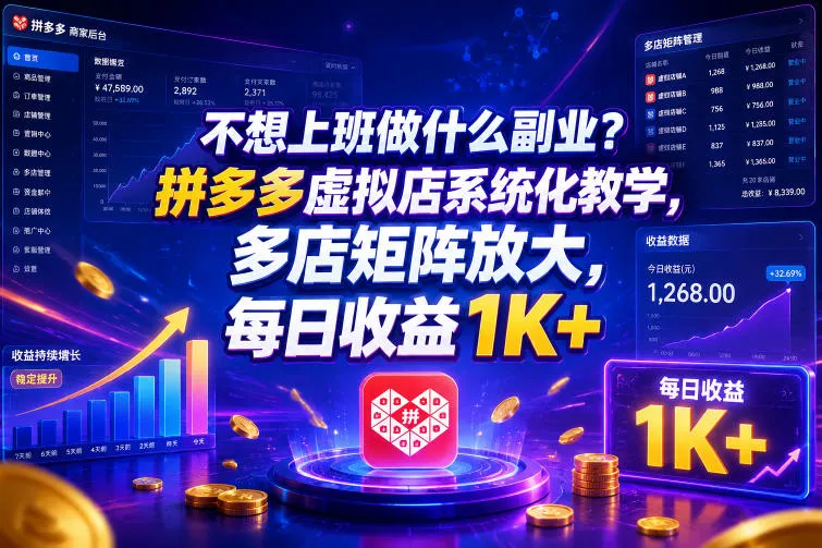 不想上班做什么副业？拼多多虚拟店系统化教学，多店矩阵放大，每日收益1K+【揭秘】-梦帆创业网