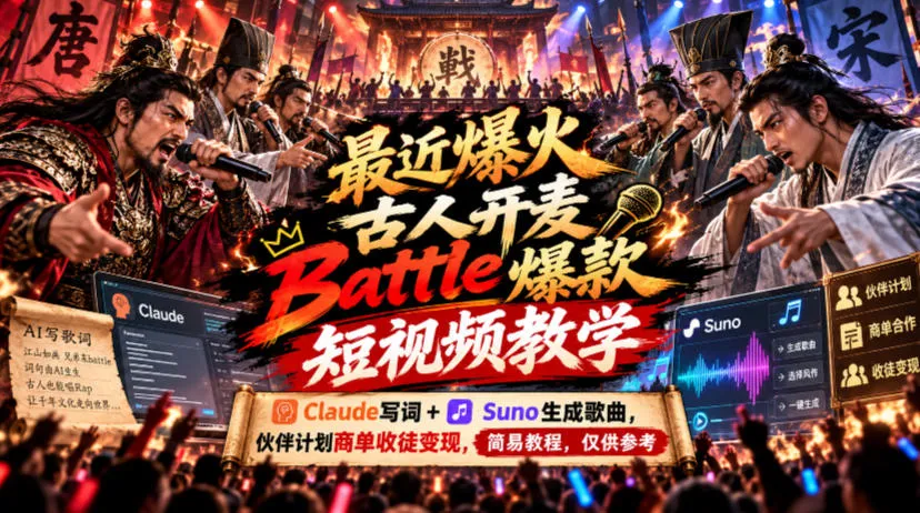 最近爆火古人开麦Battle爆款短视频教学，Claude写词+Suno生成歌曲，伙伴计划商单收徒变现，简易教程，仅供参考-梦帆创业网