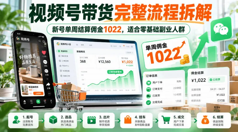 视频号带货完整流程拆解，新号单周结算佣金1022，适合零基础副业人群-梦帆创业网