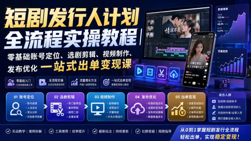 短剧发行人计划全流程实操教程｜零基础账号定位、选剧剪辑、视频制作、发布优化一站式出单变现课-梦帆创业网