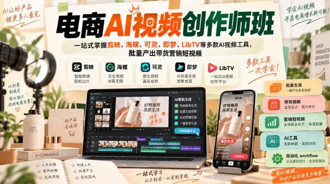 电商AI视频创作师班，一站式掌握剪映、海螺、可灵、即梦、LibTV等多款AI视频工具，批量产出带货营销短视频-梦帆创业网
