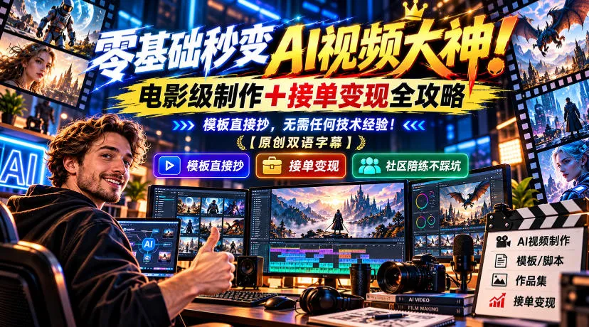 零基础秒变AI视频大神！电影级制作+接单变现全攻略，模板直接抄，无需任何技术经验！【原创双语字幕】-梦帆创业网