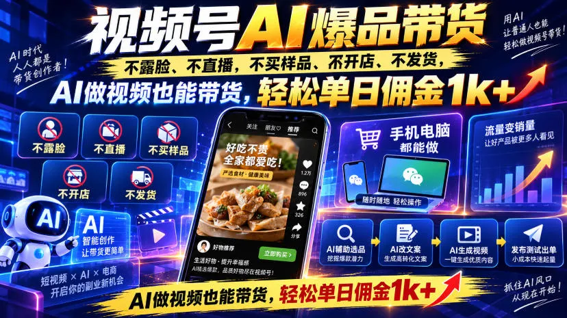 视频号Ai爆品带货,不露脸、不直播、不买样品、不开店、不发货,AI做视频也能带货,轻松单日佣金1k+ 视频号Ai爆品带货,不露脸、不直播、不买样品、不开店、不发货,AI做视频也能带货,轻松单日佣金1k+