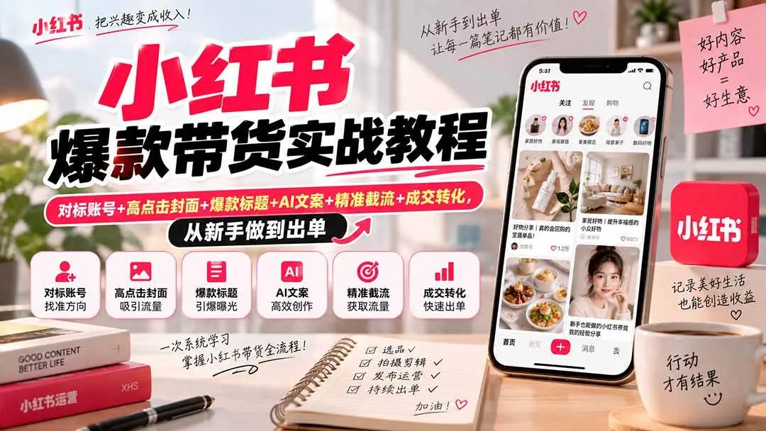 （20473期）小红书爆款带货实战教程｜对标账号+高点击封面+爆款标题+AI文案+精准截流+成交转化，从新手做到出单-梦帆创业网