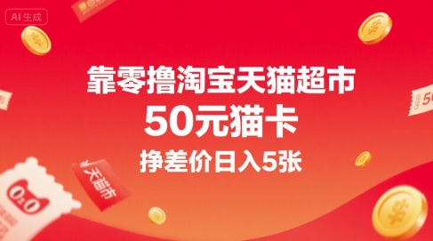 靠零撸淘宝天猫超市50元猫卡，挣差价日入5张-梦帆创业网