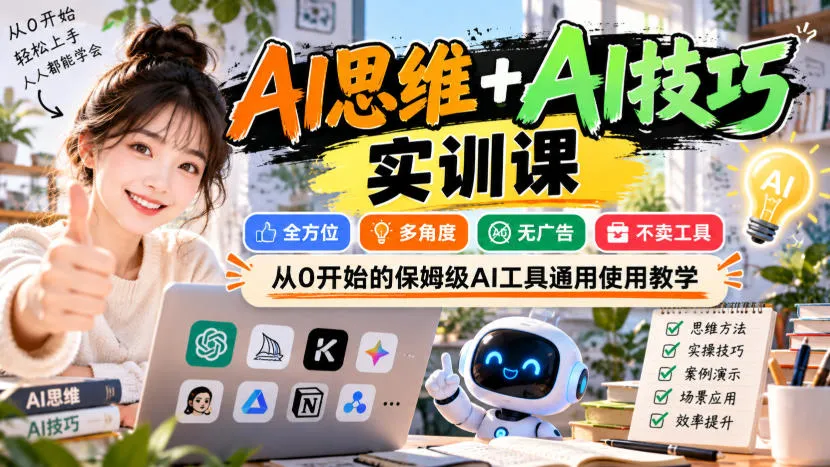 AI思维+AI技巧实训课，全方位、多角度、无广告、不卖工具，从0开始的保姆级AI工具通用使用教学-梦帆创业网