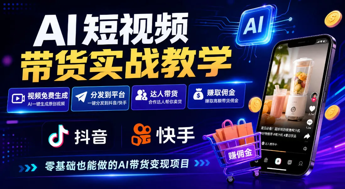 AI短视频带货实战教学，视频免费生成，分发到抖音快手平台，达人带货賺佣金-梦帆创业网