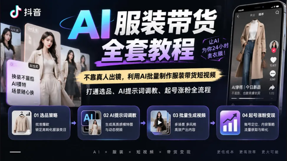 抖音AI服装带货全套教程，不靠真人出镜，利用AI批量制作服装带货短视频，打通选品、AI提示词调教、起号涨粉全流程-梦帆创业网
