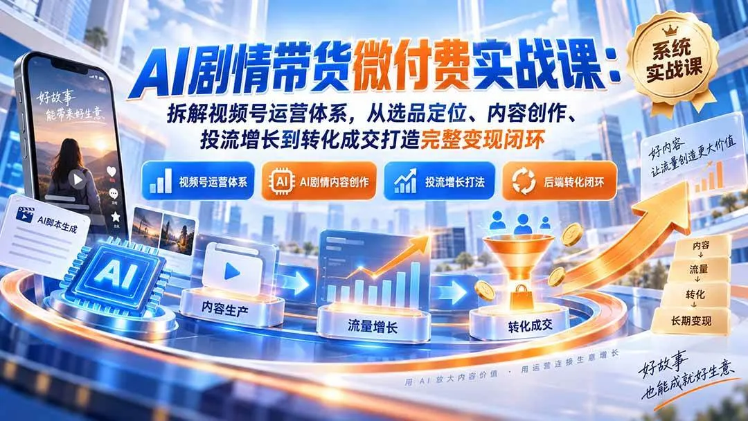 (20611期)AI剧情带货微付费实战课:拆解视频号运营体系,从选品定位、内容创作、投流增长到转化成交打造完整变现闭环 (20611期)AI剧情带货微付费实战课:拆解视频号运营体系,从选品定位、内容创作、投流增长到转化成交打造完整变现闭环