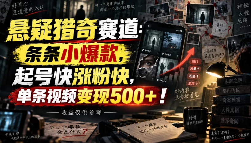 悬疑猎奇赛道：条条小爆款，起号快涨粉快，单条视频变现500+！收益仅供参考-梦帆创业网