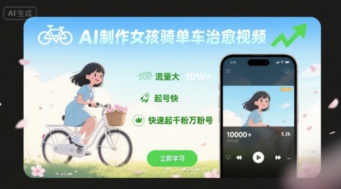 AI制作女孩骑单车治愈视频，流量大，起号快，快速起千粉万粉号-梦帆创业网