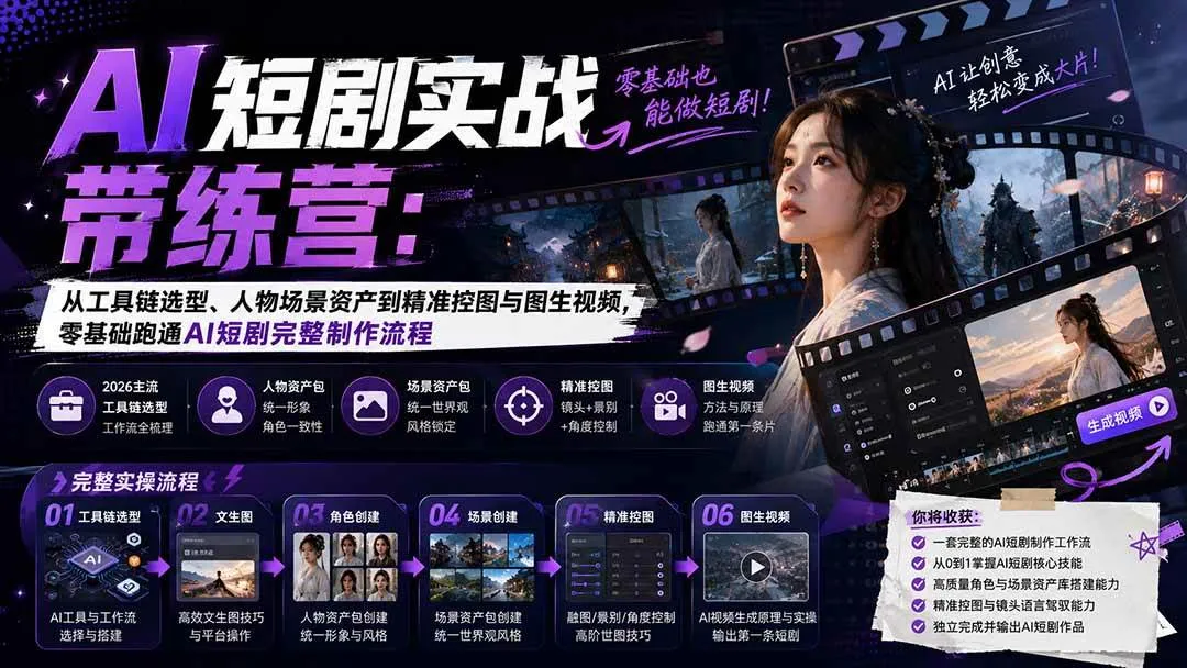 (20064期)AI短剧实战训练营:从工具链选型、人物场景资产到精准控图与图生视频,零基础跑通AI短剧完整制作流程 (20064期)AI短剧实战训练营:从工具链选型、人物场景资产到精准控图与图生视频,零基础跑通AI短剧完整制作流程