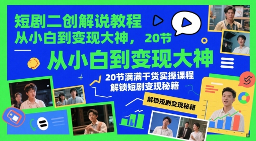 短剧二创解说教程，从小白到变现大神，20节满满干货实操课程，解锁短剧变现秘籍-梦帆创业网