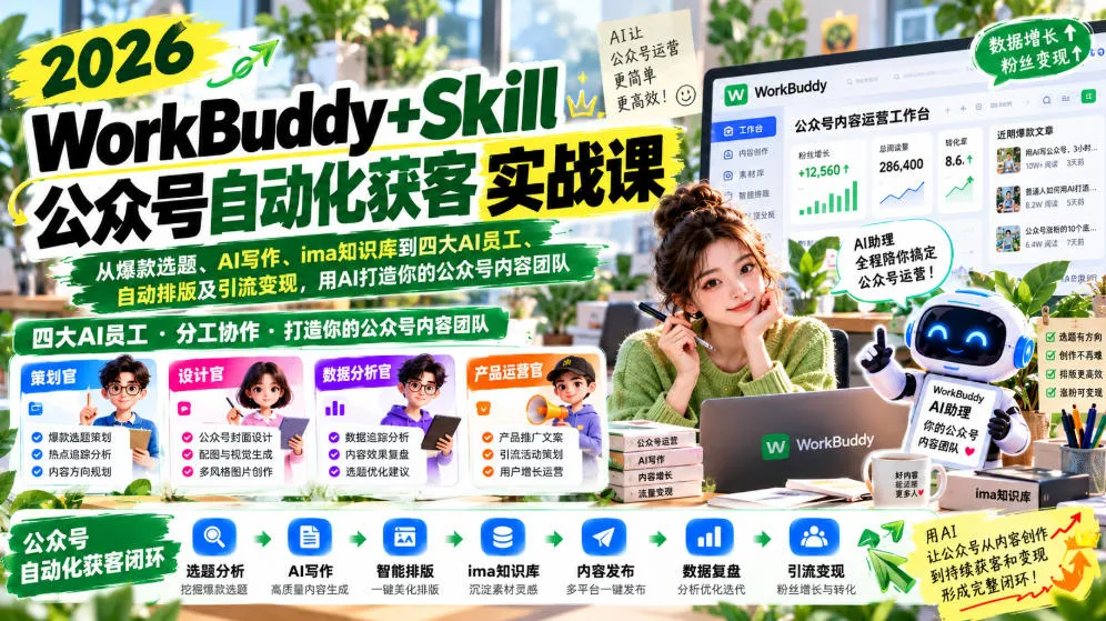 2026WorkBuddy+Skill公众号自动化获客实战课，从爆款选题、AI写作、ima知识库到四大AI员工、自动排版及引流变现，用AI打造你的公众号内容团队-梦帆创业网