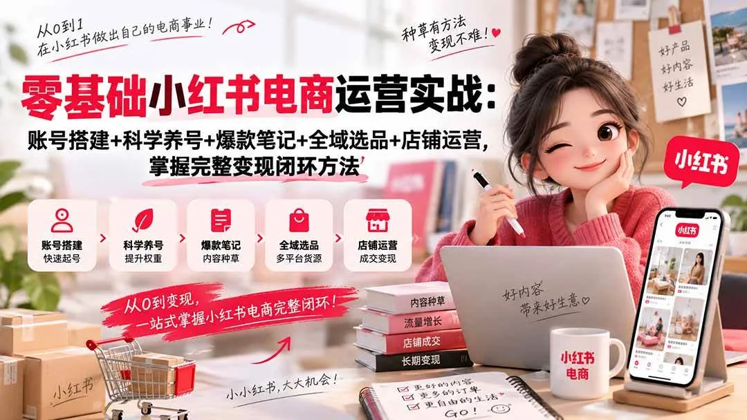 （20467期）零基础小红书电商运营实战：账号搭建+科学养号+爆款笔记+全域选品+店铺运营，掌握完整变现闭环方法-梦帆创业网