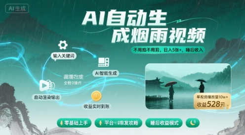 不用拍不用剪！AI自动生成烟雨视频，日入5张+，睡后收入-梦帆创业网