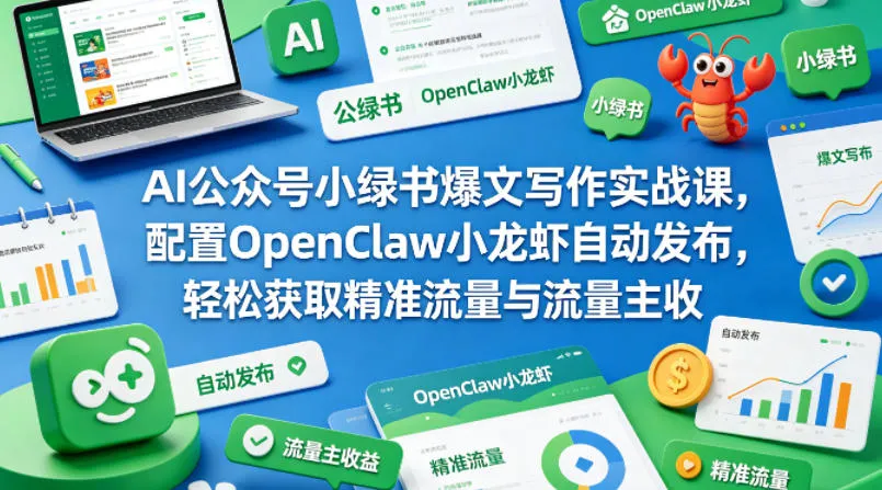 AI公众号小绿书爆文写作实战课，配置OpenClaw小龙虾自动发布，轻松获取精准流量与流量主收益-梦帆创业网