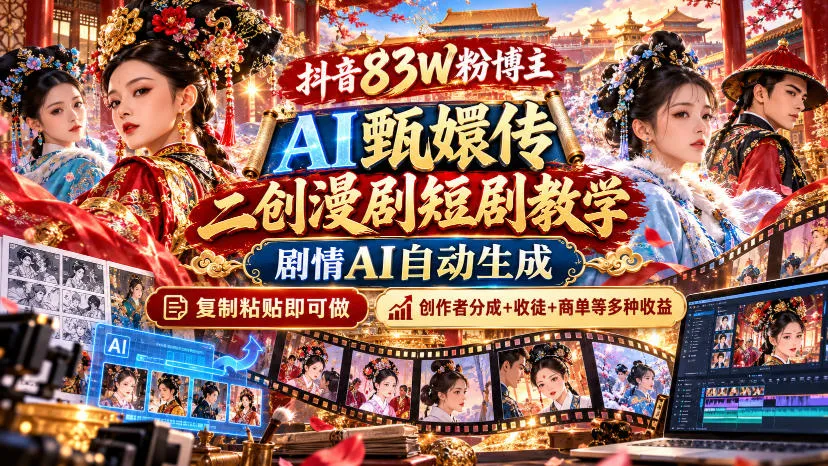 抖音83W粉博主AI甄嬛传二创漫剧短剧教学｜剧情AI自动生成，复制粘贴即可做，各大平台创作者分成+收徒等多种收益-梦帆创业网