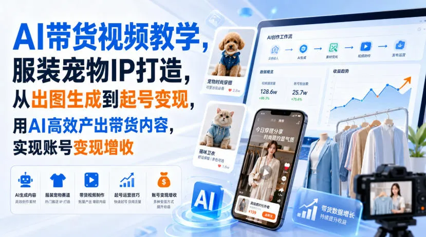 AI带货视频教学,服装宠物IP打造,从出图生成到起号变现,用AI高效产出带货内容,实现账号变现增收 AI带货视频教学,服装宠物IP打造,从出图生成到起号变现,用AI高效产出带货内容,实现账号变现增收