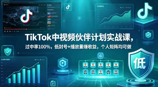 TikTok中视频伙伴计划实战课，过中率100%，低封号+播放量賺收益，个人矩阵均可做-梦帆创业网